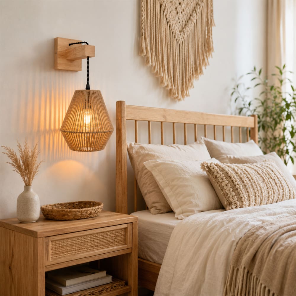 Applique murale en bois avec abat-jour en jute style bohème, E27 — vue 4