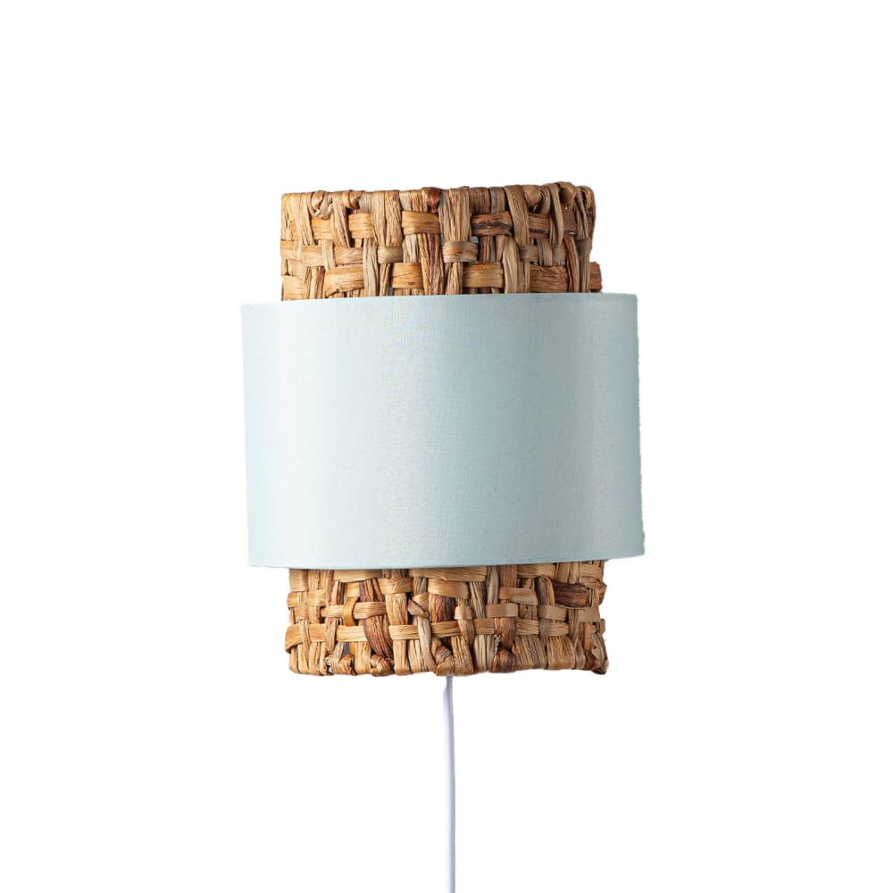 Applique murale rotin et textile vert avec câble et interrupteur 28cm