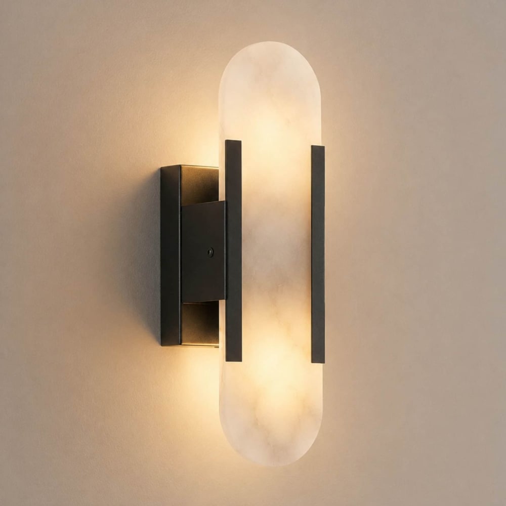 Wandleuchte aus Metall und Alabaster 35 cm, Schwarz und weiß -