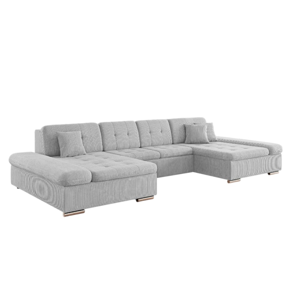 Canapé d'angle panoramique 6 places en velours côtelé gris clair