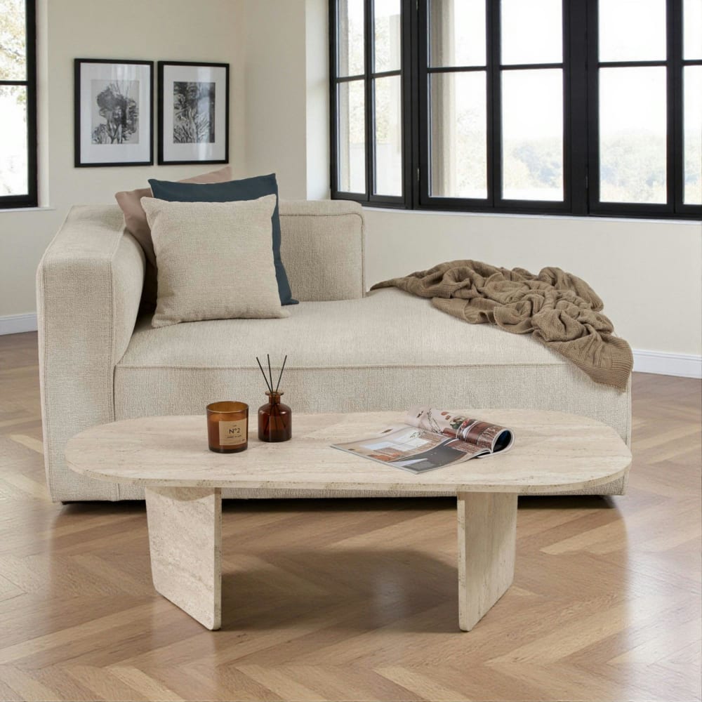 Table basse moderne organique - décor travertin