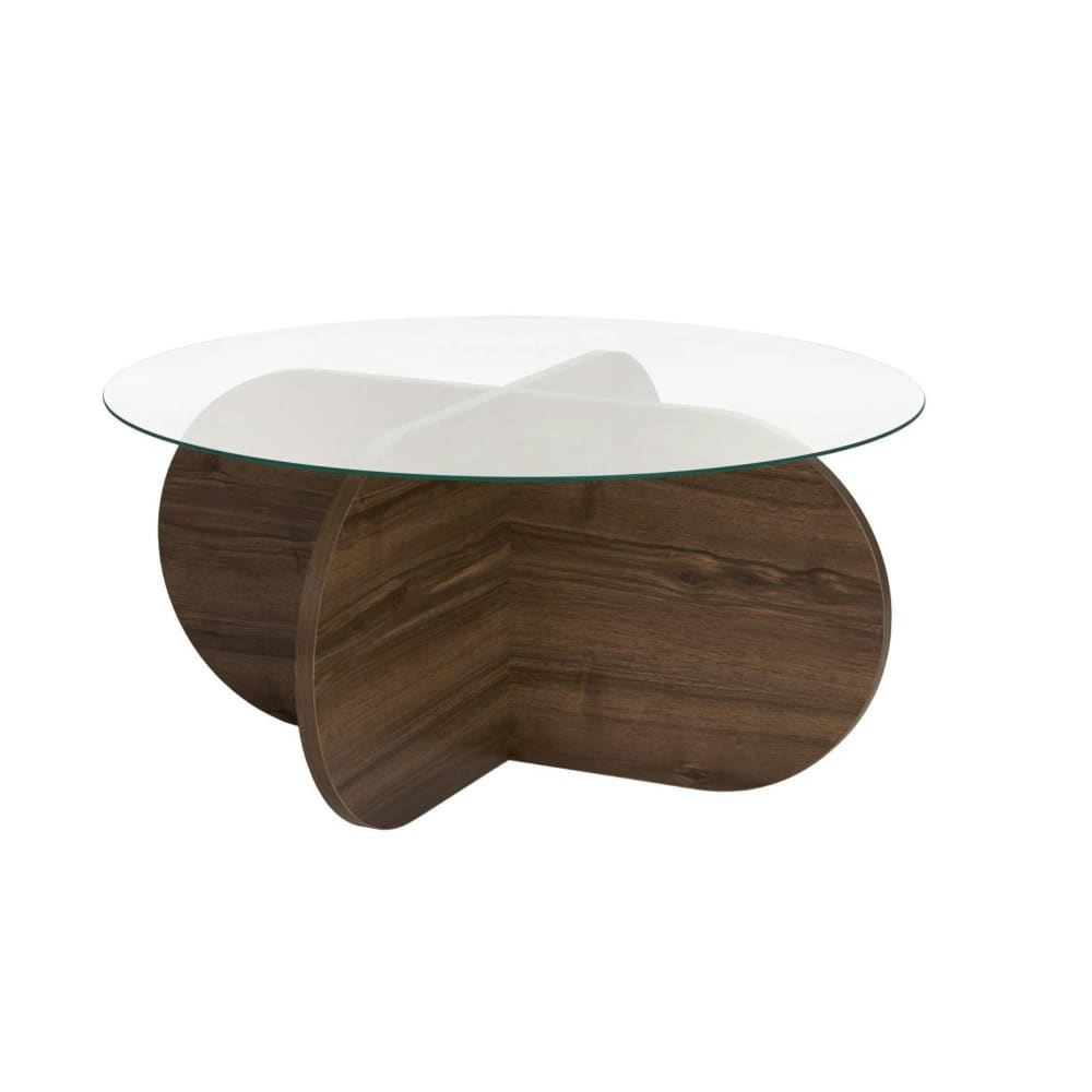 Table basse ronde en verre décor noyer