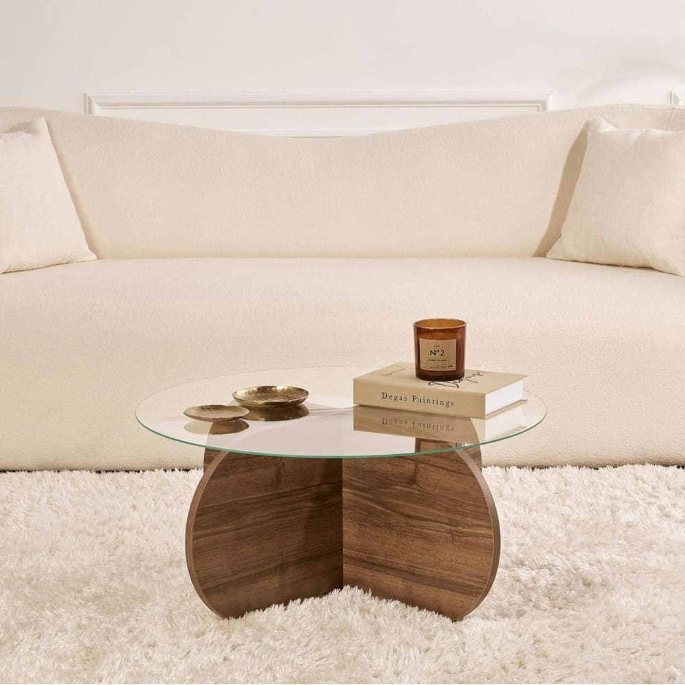 Table basse ronde en verre décor noyer