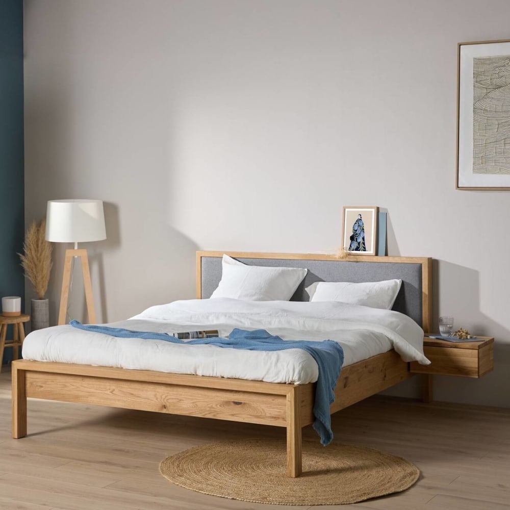 Lit en chêne massif et tête de lit en tissu 140 x 190 cm