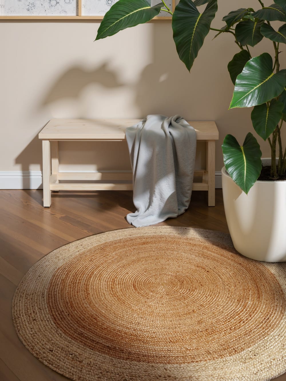 Tapis jute fait main bicolore beige et crème 160cm — vue 3
