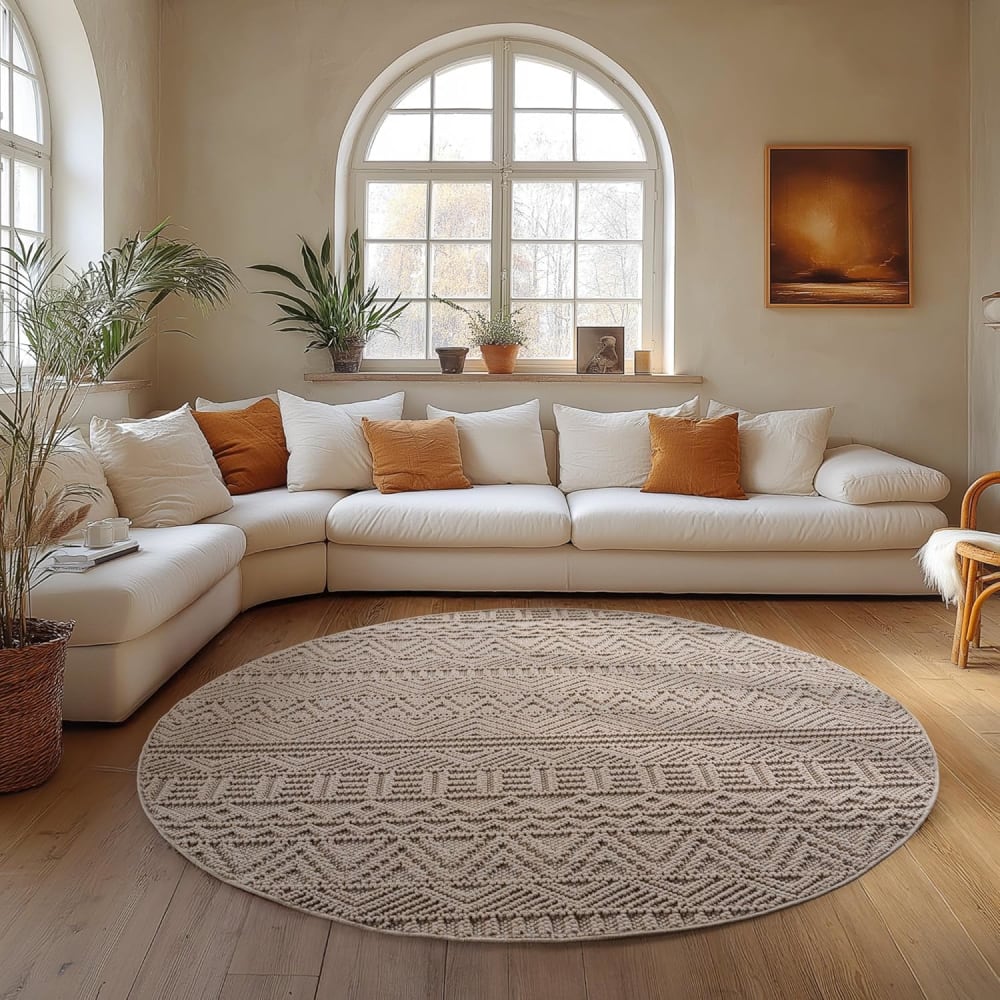 Tapis rond bouclés à relief ethnik beige 120x120cm — vue 3