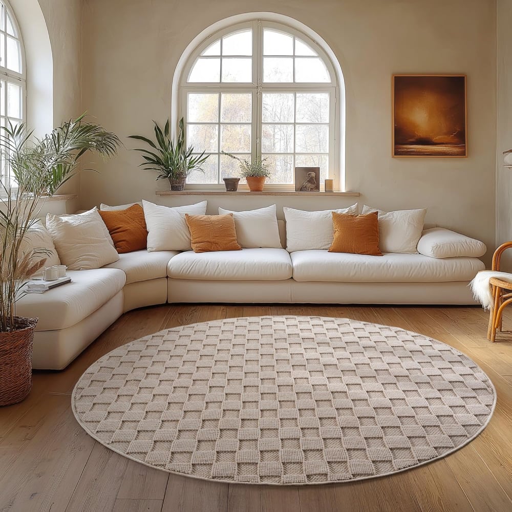 Tapis rond bouclés à relief damier beige 120x120cm — vue 3