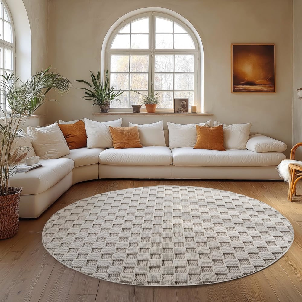 Tapis rond bouclés à relief damier crème 120x120cm — vue 3
