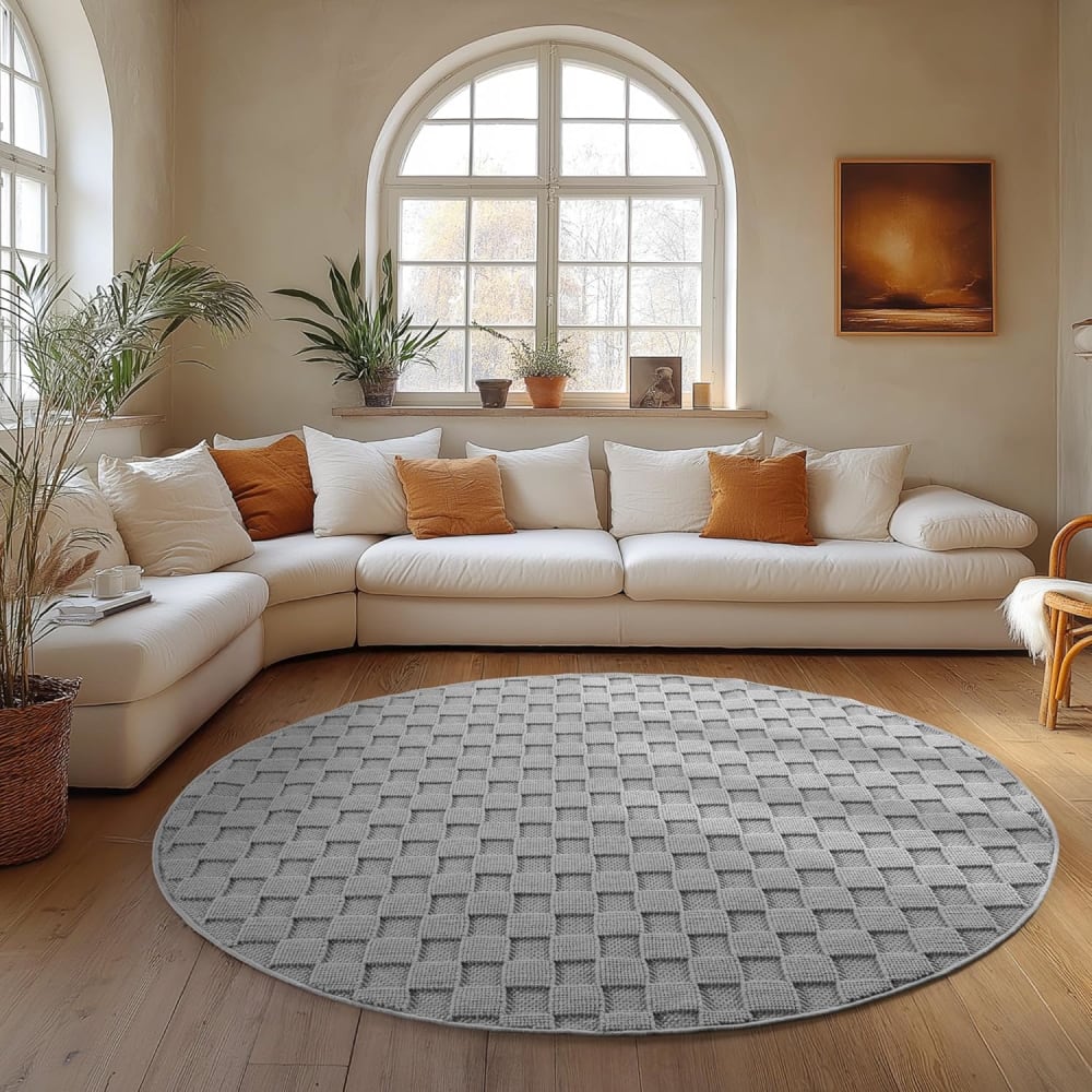 Tapis rond bouclés à relief damier gris 120x120cm — vue 3