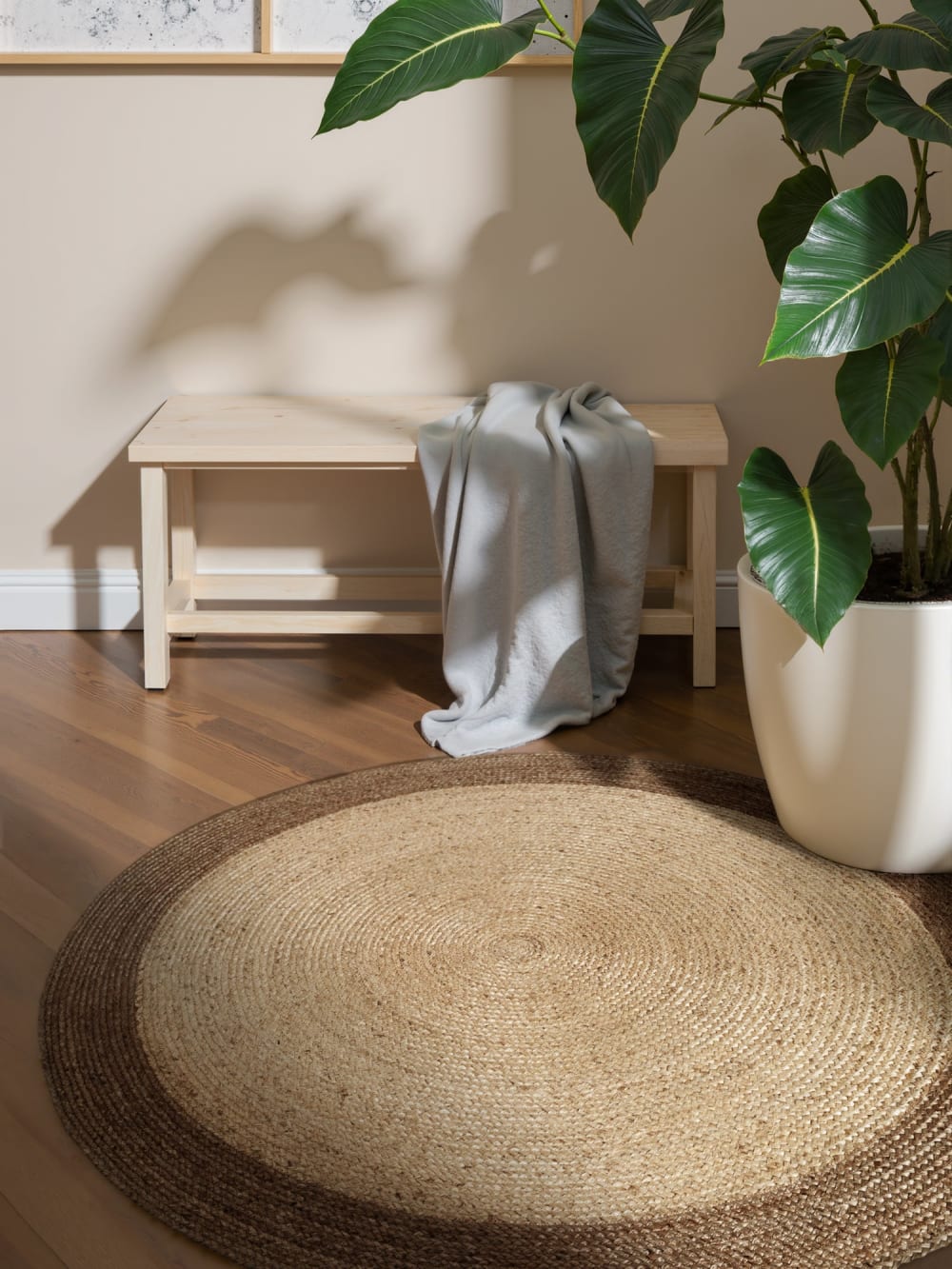 Tapis jute fait main bicolore ivoire et mocca 120cm — vue 3