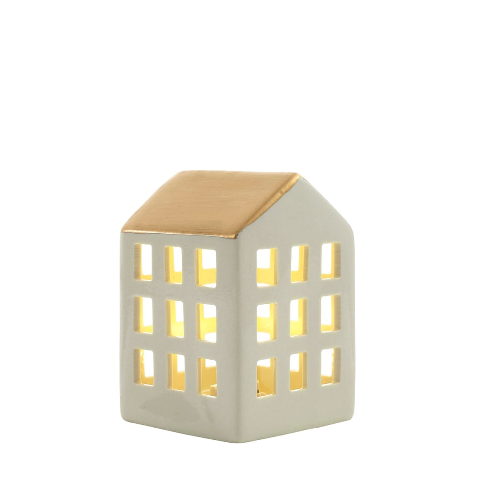Figurine chalet Noël porcelaine blanche et dorée pâle H12 Figurine chalet Noël porcelaine blanche et dorée pâle H12