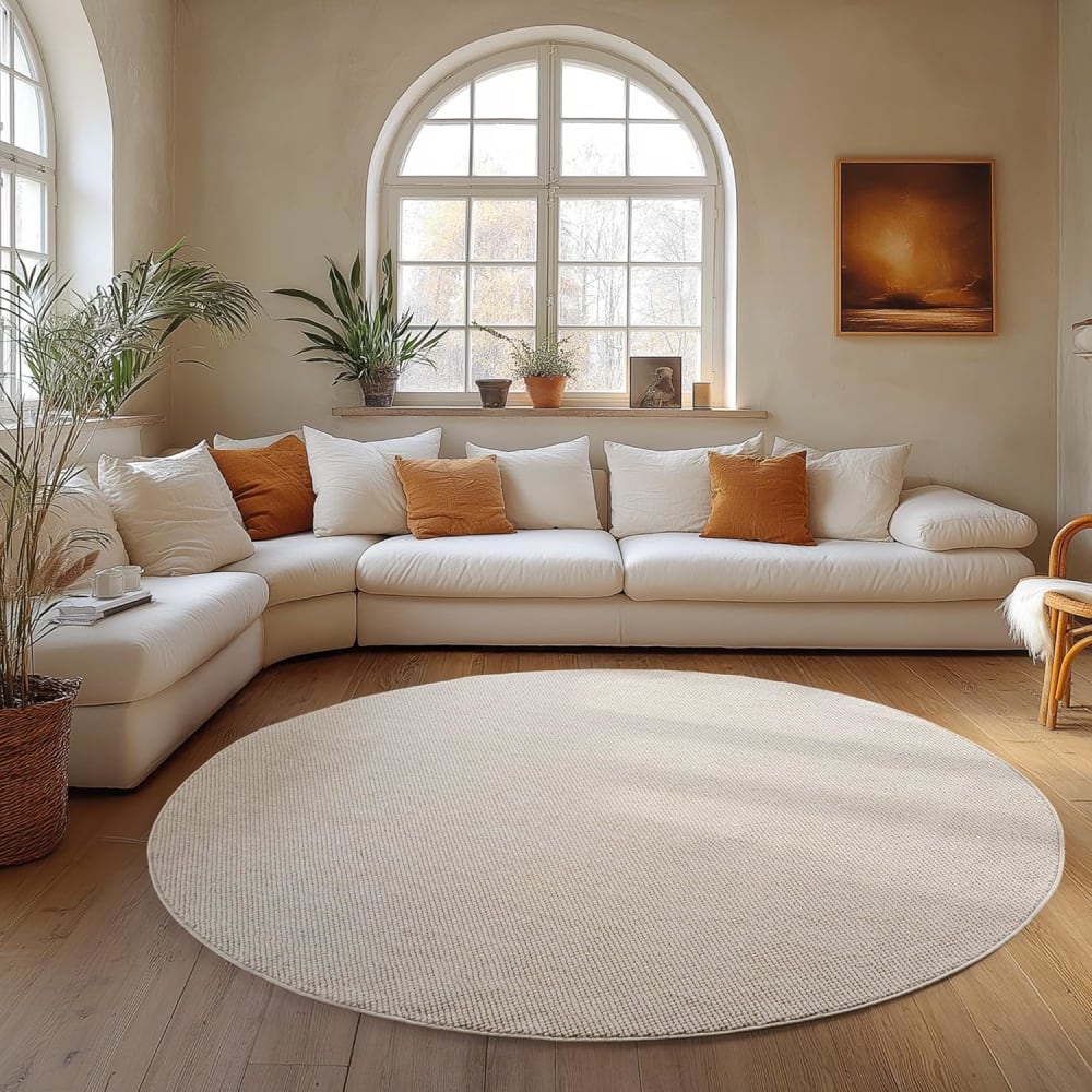 Tapis Rond bouclés à relief Uni Crème 200x200cm