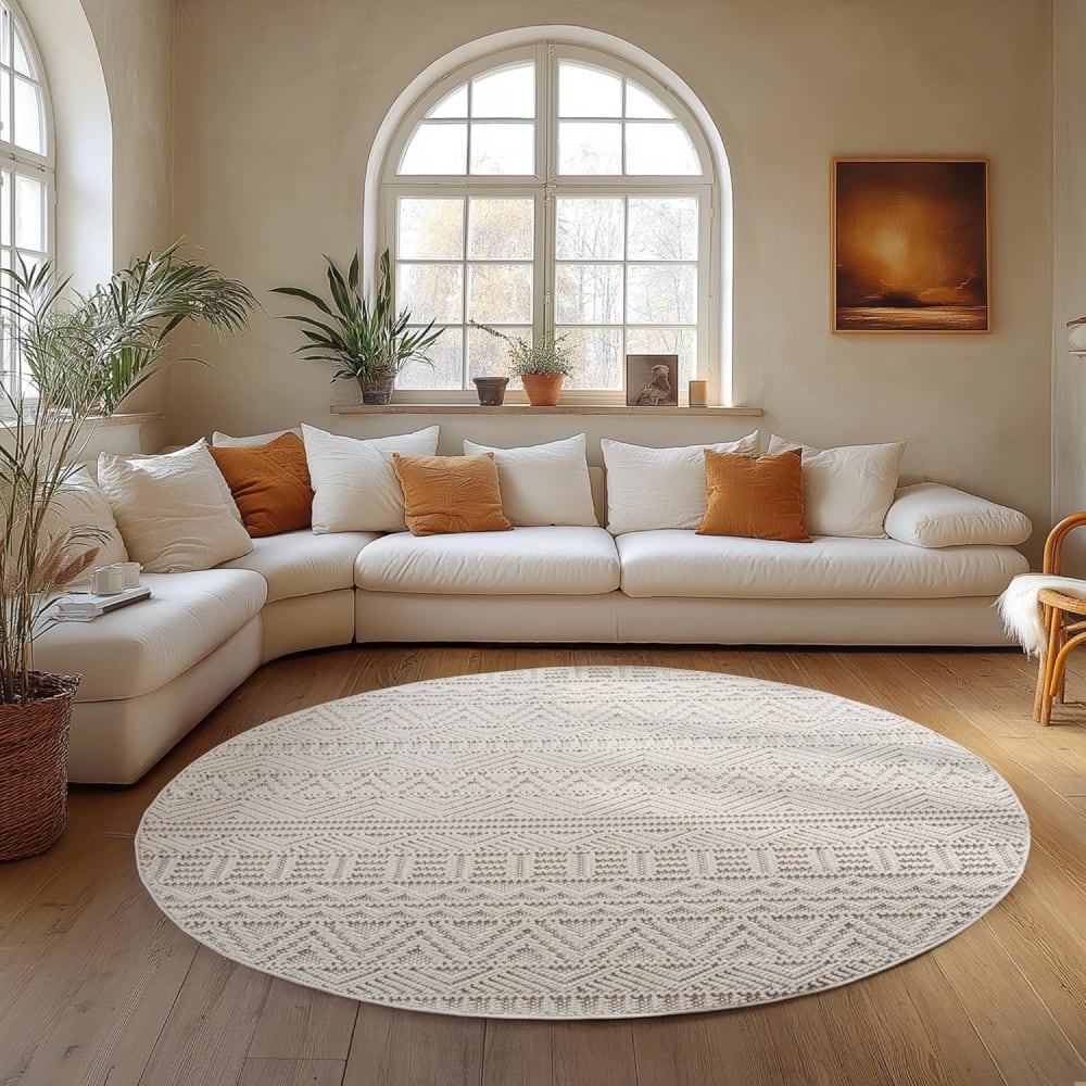 Tapis rond bouclés à relief ethnik crème 200x200cm — vue 3