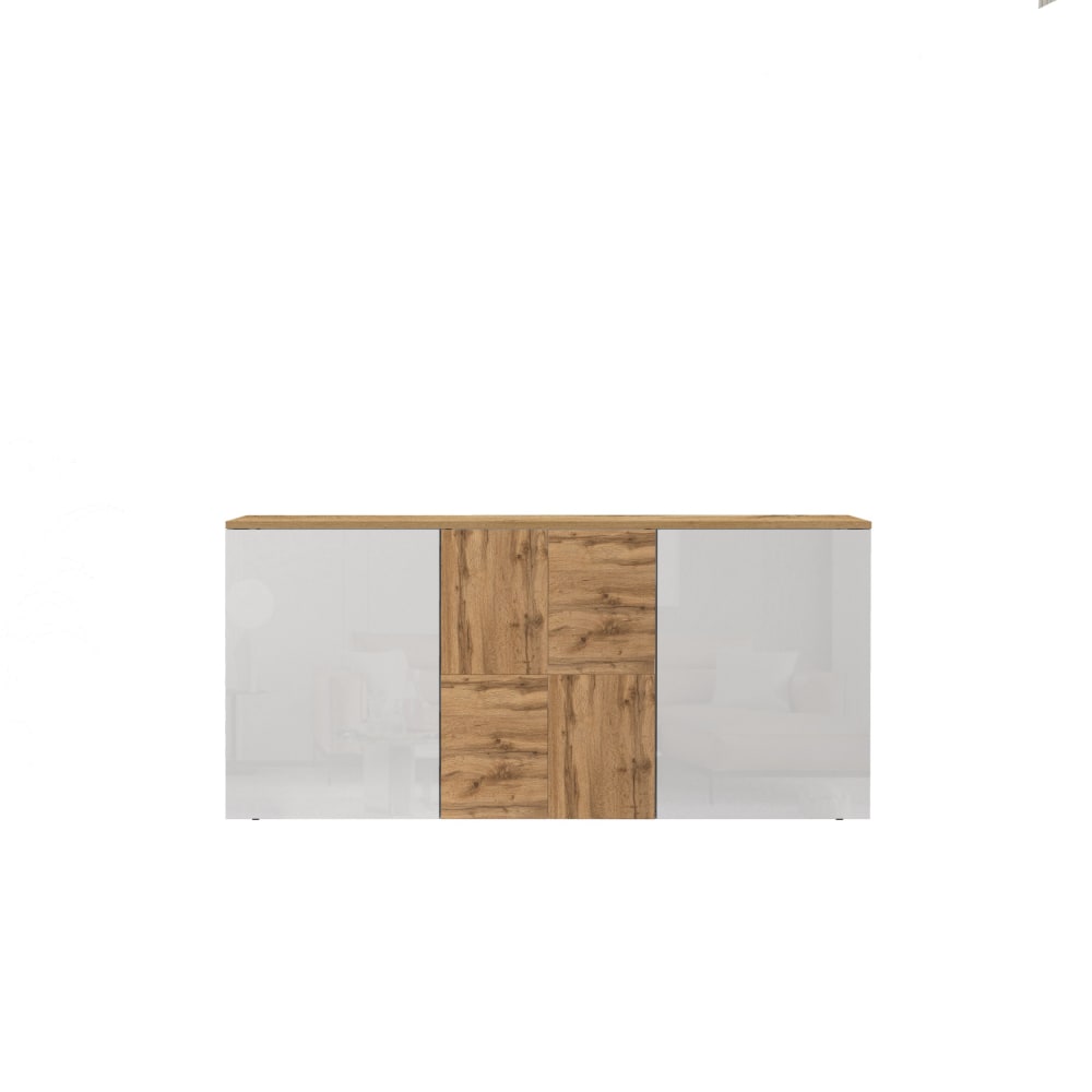 Buffet suspendu 3 portes 150 cm effet bois blanc brillant et chêne