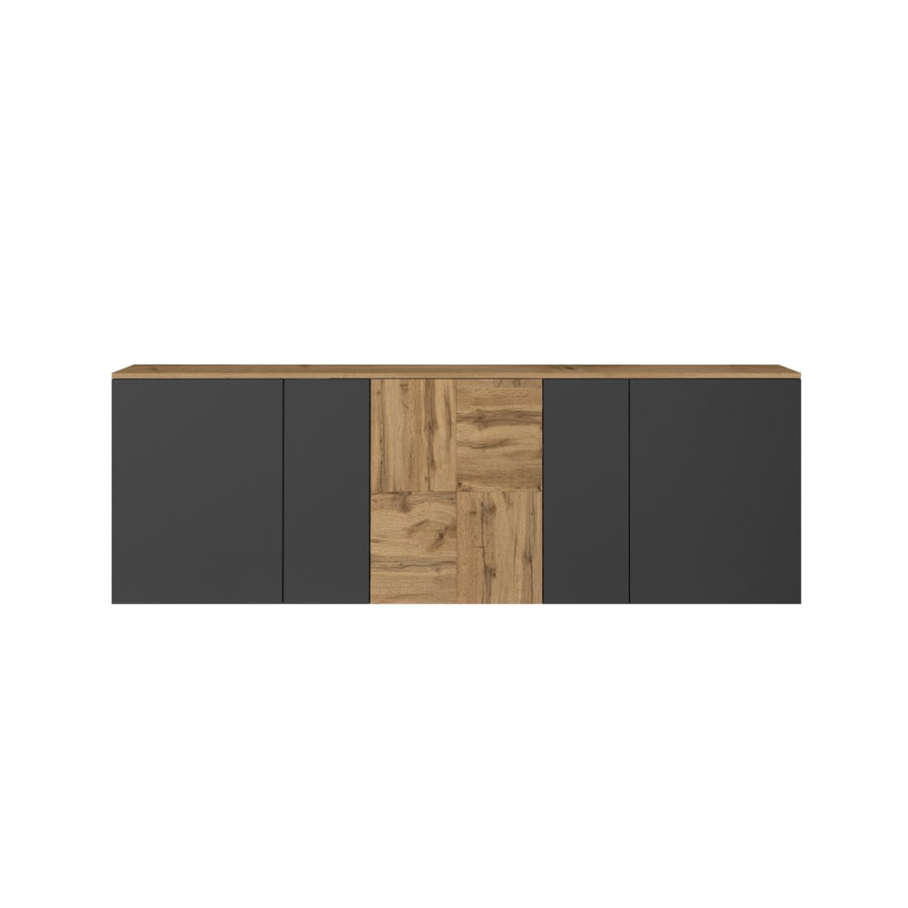 Buffet suspendu 5 portes 200 cm effet bois anthracite mat et chêne