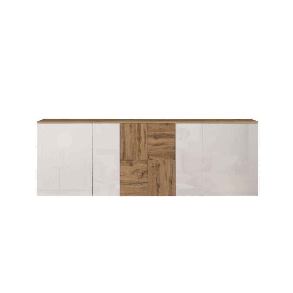 Buffet suspendu 5 portes 200 cm effet bois blanc brillant et chêne