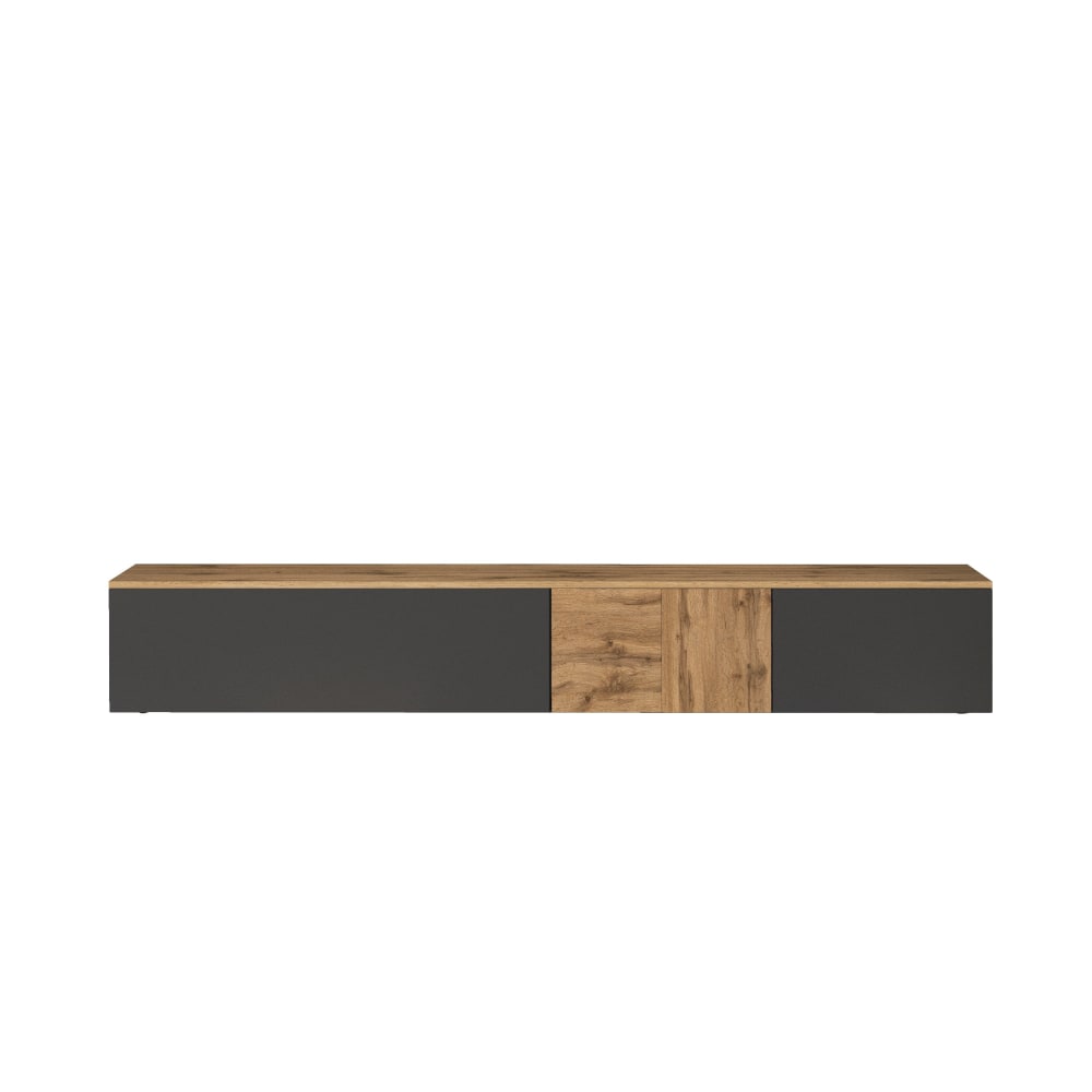 Meuble tv suspendu 3 portes 200 cm effet bois anthracite mat et chêne
