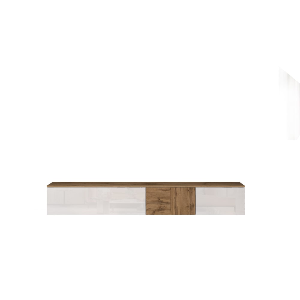 Meuble tv suspendu 3 portes 200 cm effet bois blanc brillant et chêne