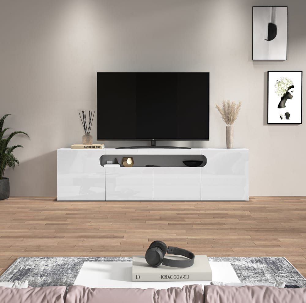 Meuble tv 4 portes 1 niche 200 cm effet bois blanc brillant