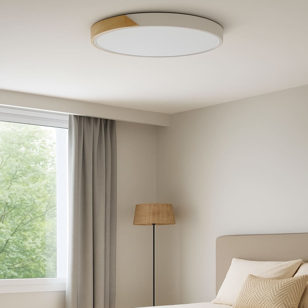 Plafonnier LED 40W CCT métal blanc et bois Ø500 mm — vue 3