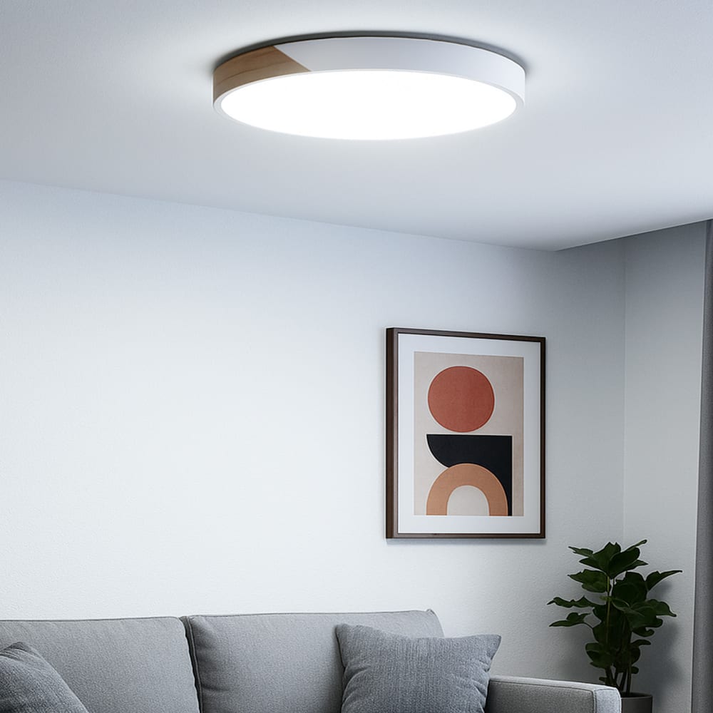 Plafonnier LED 40W CCT métal blanc et bois Ø500 mm — vue 4