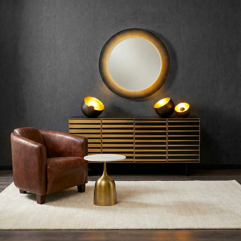 Sideboard mit 4 Türen Edelstahl und Holz, gold und schwarz -