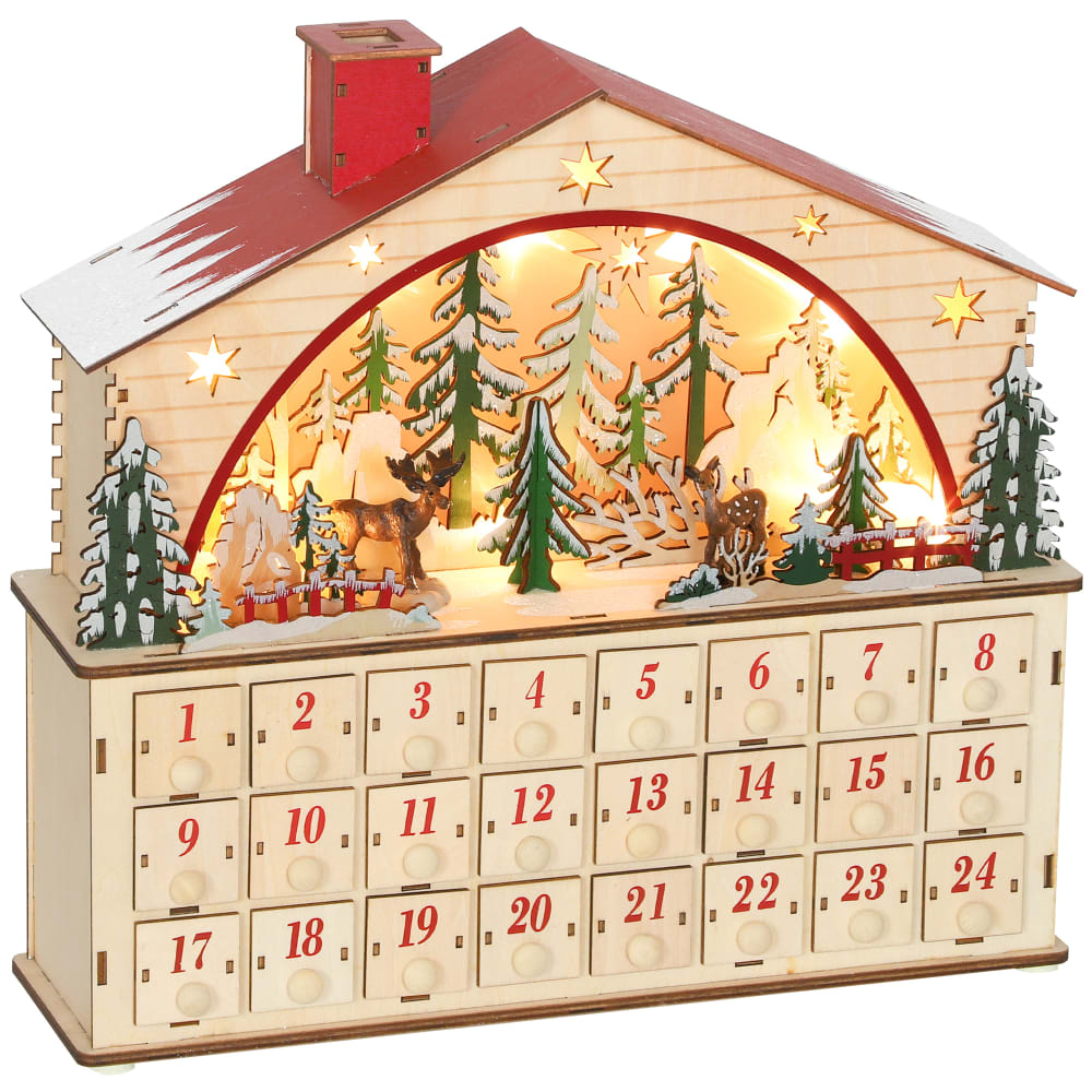 Calendrier de l'avent lumineux 24 tiroirs en bois naturel