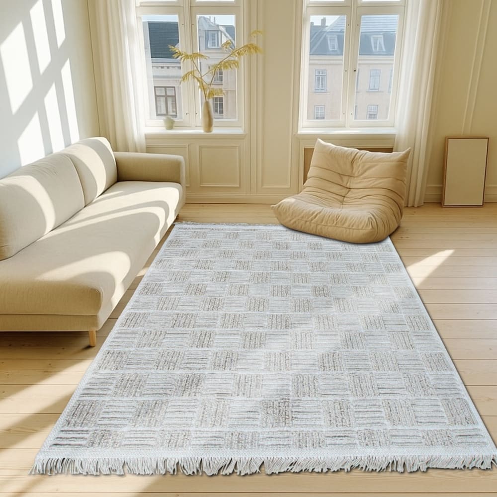 Tapis damier en jute naturel artisanal reliefs beige 160x230