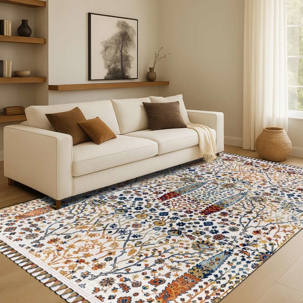 Tapis vintage oriental motif fleurs blanc multicolore 200x290