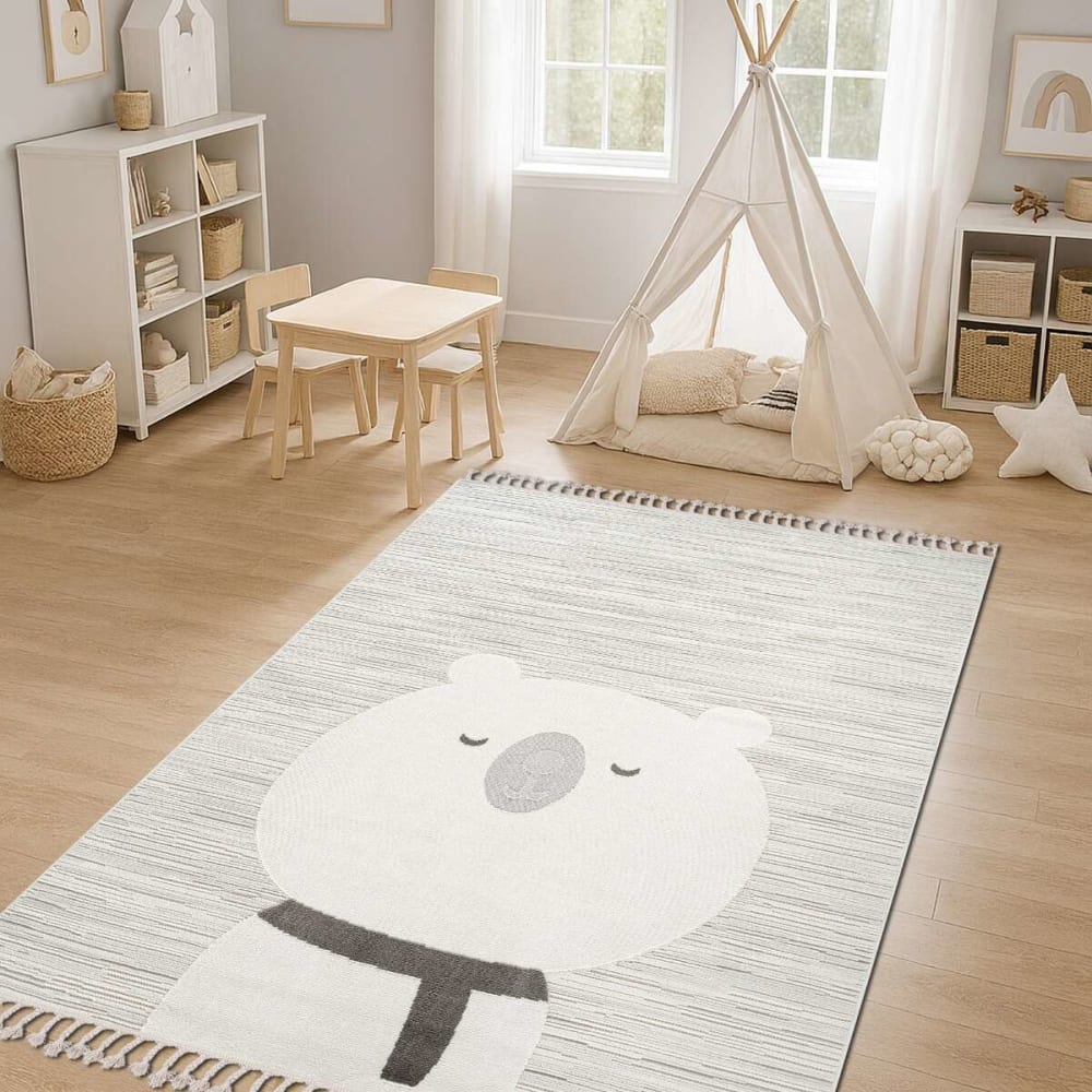 The Deco Factory Kinderteppich strukturiert Weißer Bär 160x230 style landhaus WEISS Öko-Tex Zertifikat PES - POLYESTER Kinder