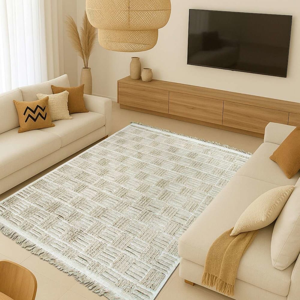 Tapis damier en jute naturel artisanal reliefs beige 190x290