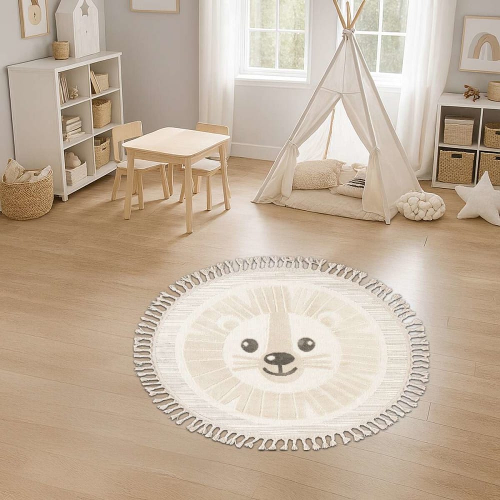 The Deco Factory Kinderteppich rund weich strukturiert Löwe weiß 130x130 style landhaus Öko-Tex Zertifikat Pes - Polyester Kinder