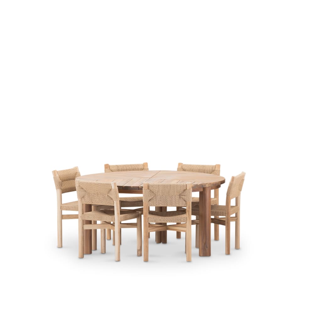 Set de table ronde 150cm et 6 chaises en bois et rotin beige