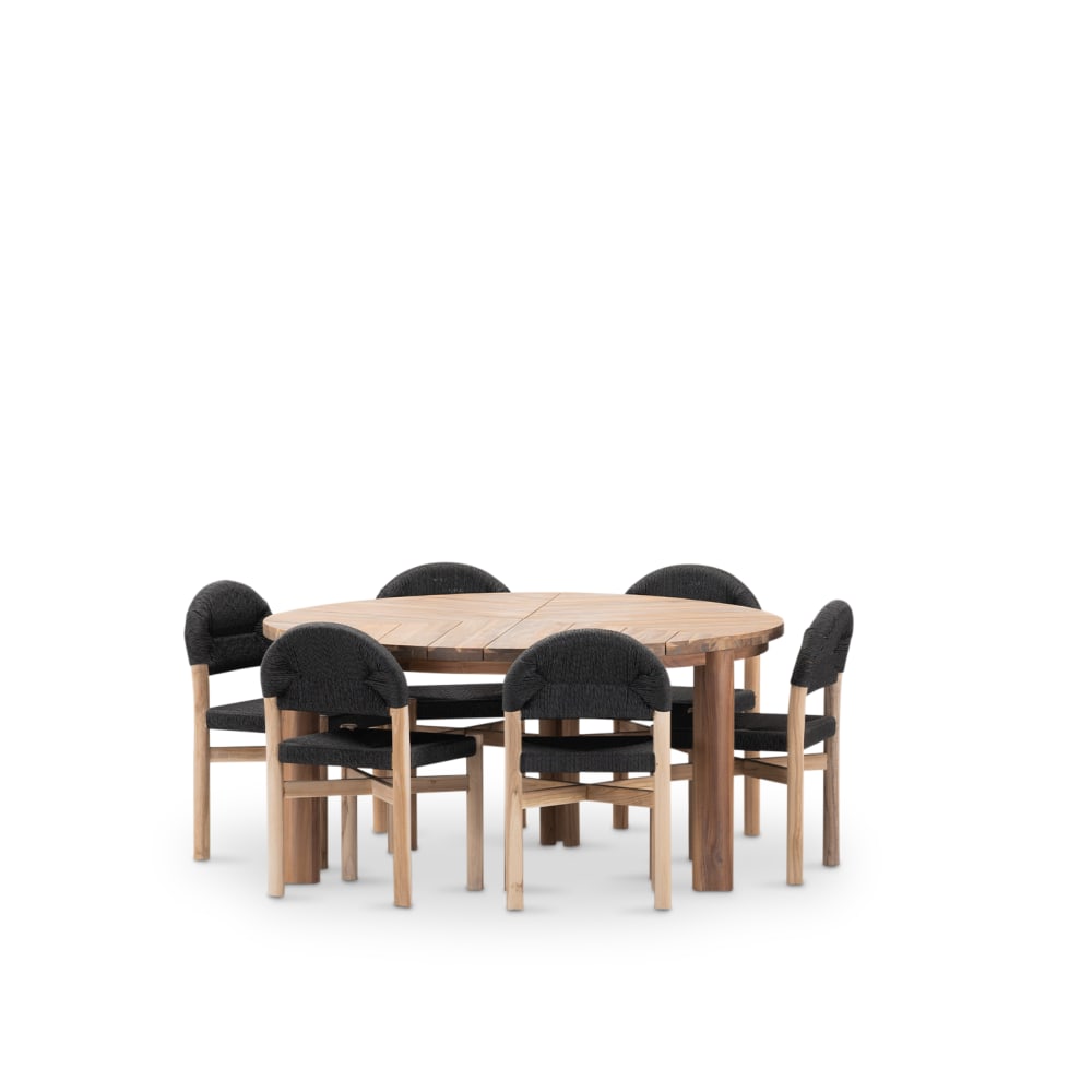 Defora Home Runder Tischset 150cm und 6 Stühle aus Holz und schwarzem Rattan - Holz