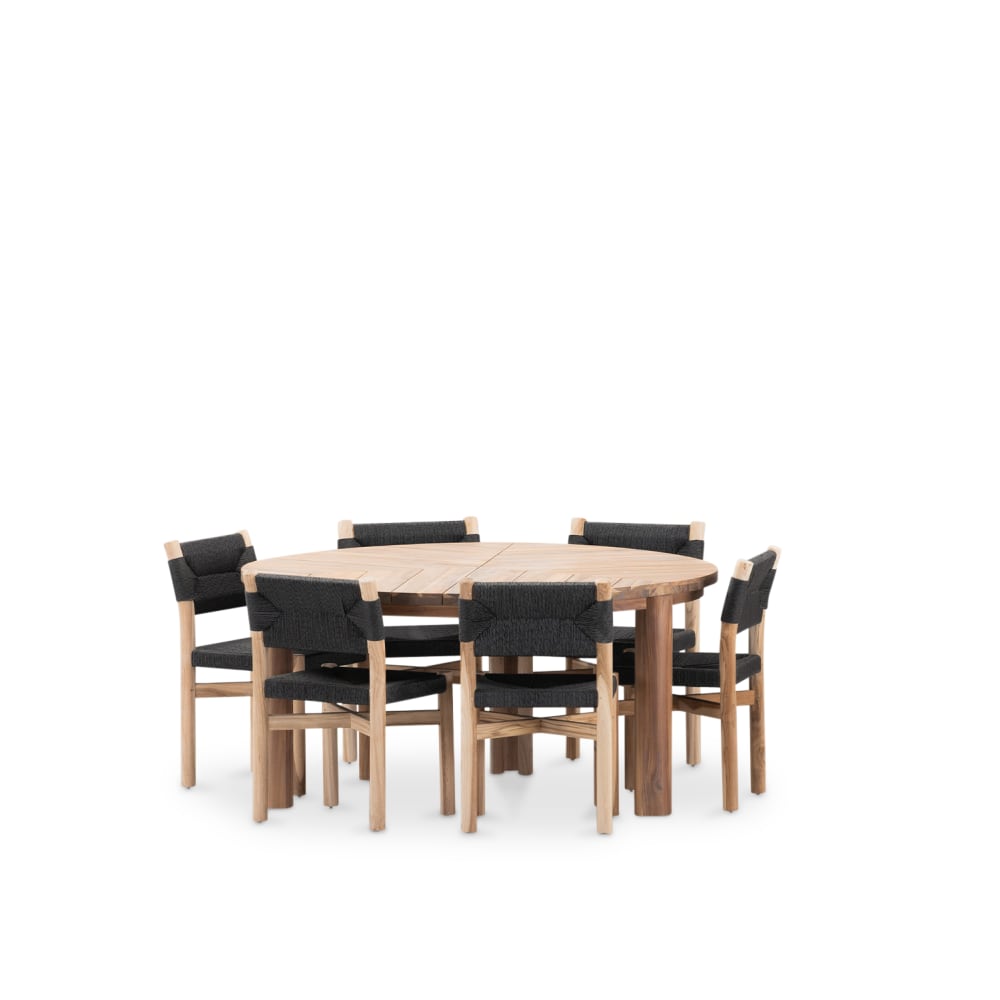 Set de table ronde 150cm et 6 chaises en bois et rotin noir