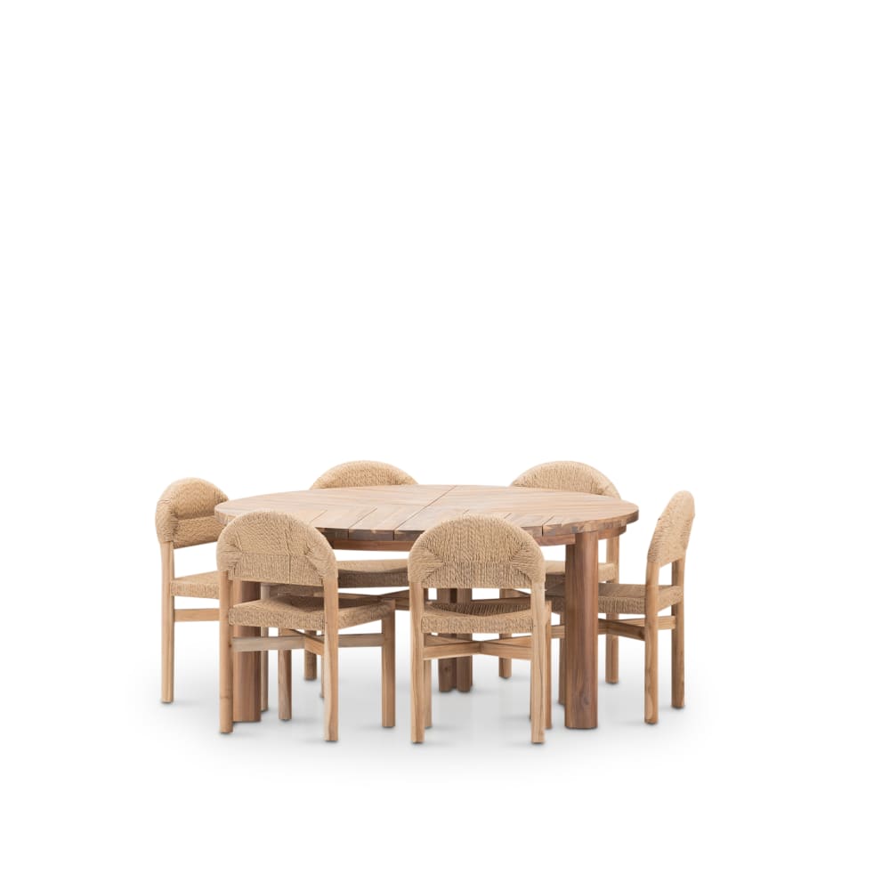 Set de table ronde 150cm et 6 chaises en bois et rotin beige