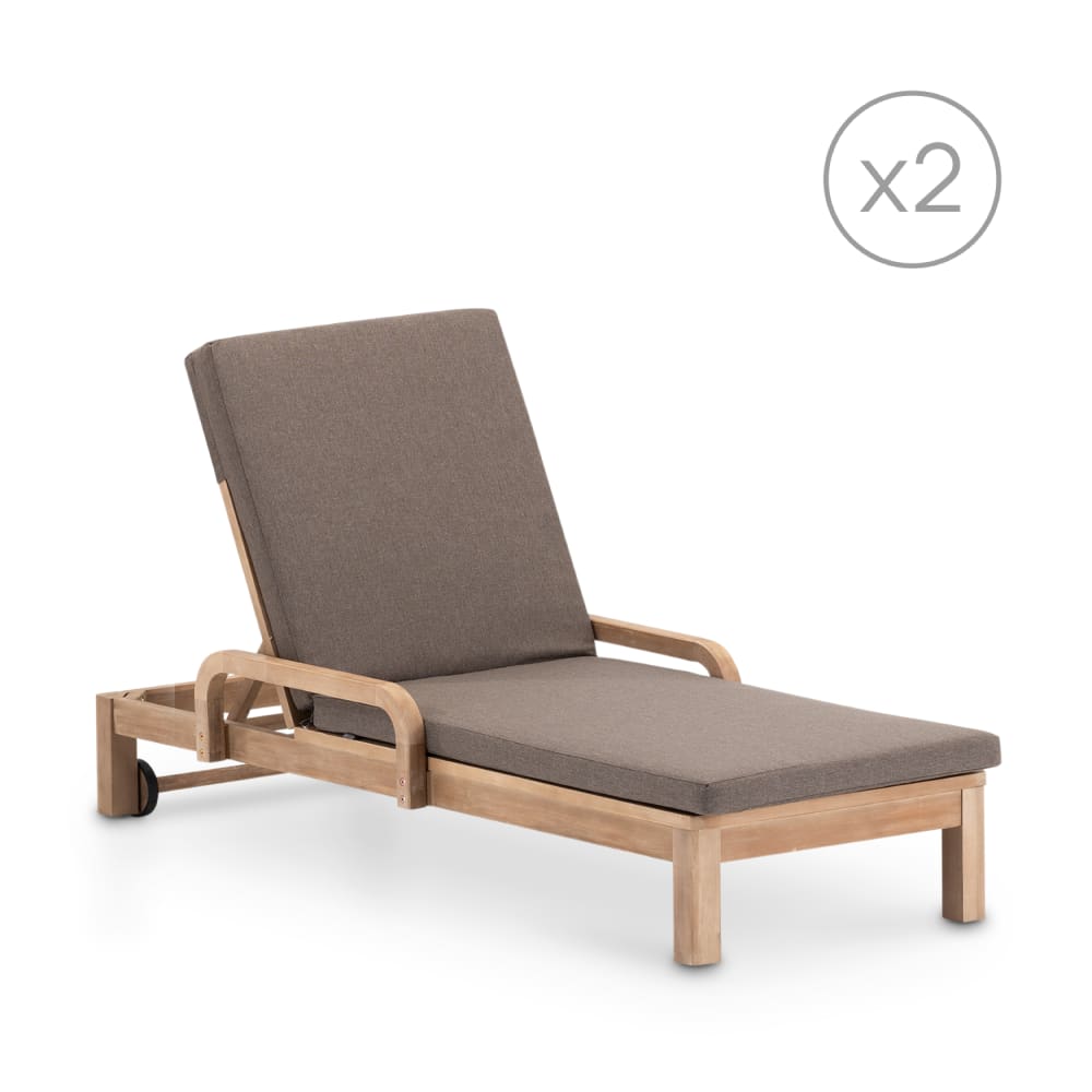 Lot de 2 chaises longues en bois avec coussins et roulettes marron
