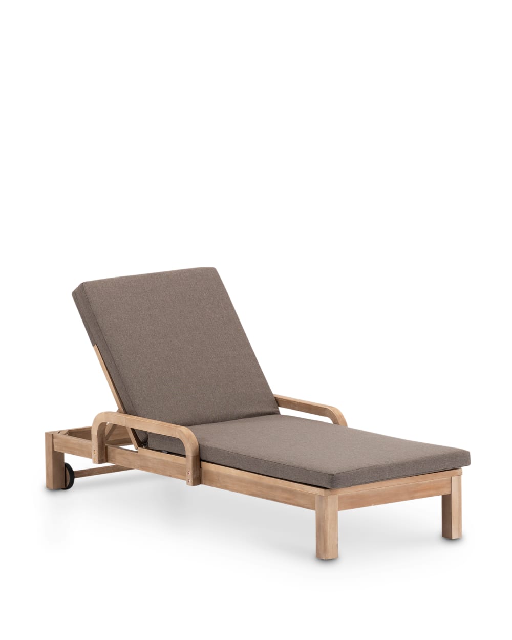 Chaise longue en bois avec coussins et roulettes marron