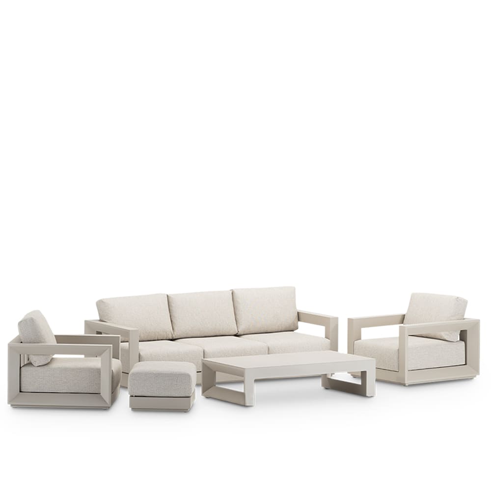 Salon de jardin 7 places avec repose-pieds en aluminium beige