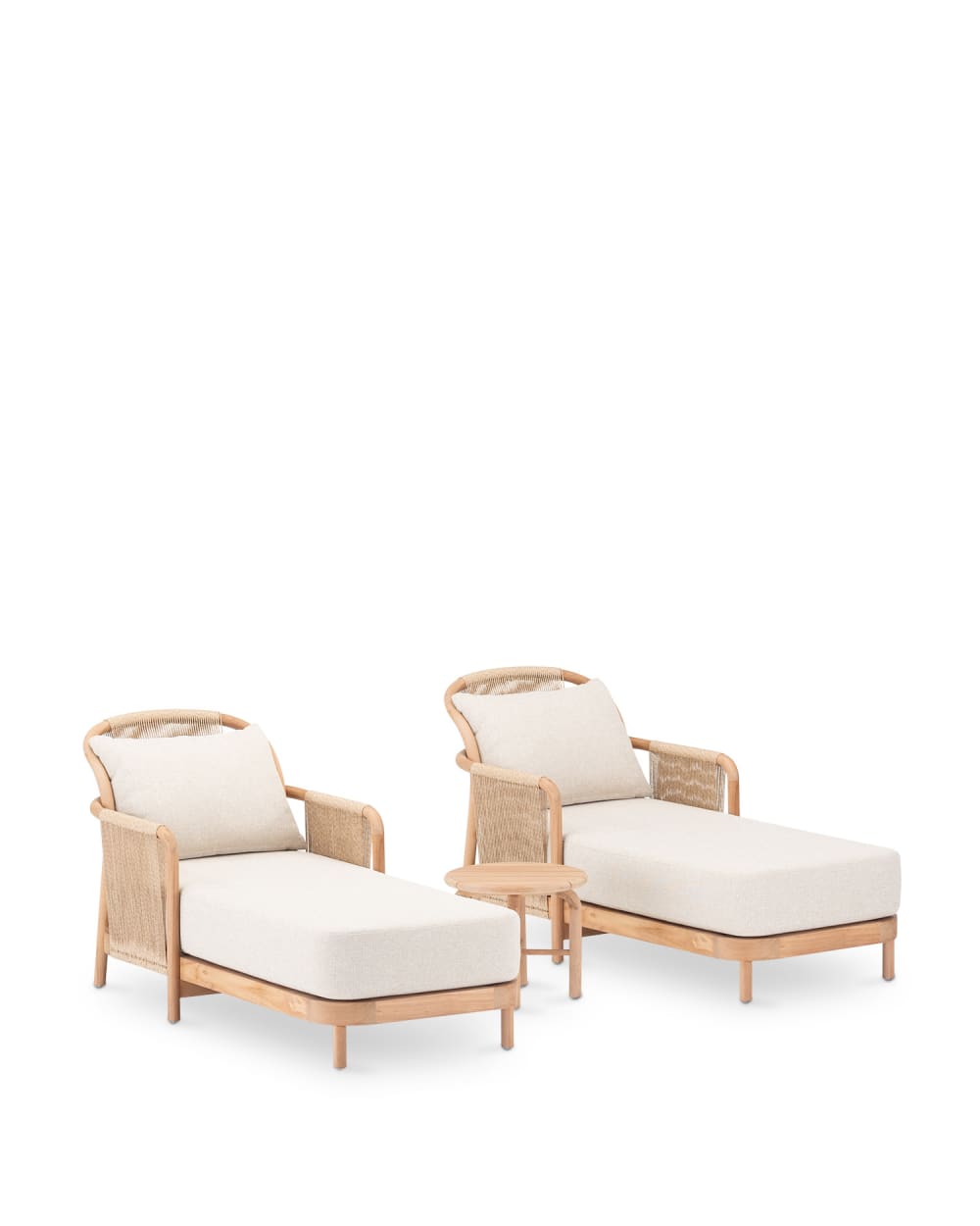 Lot de 2 chaises longues avec table ronde D45 en teck et rotin