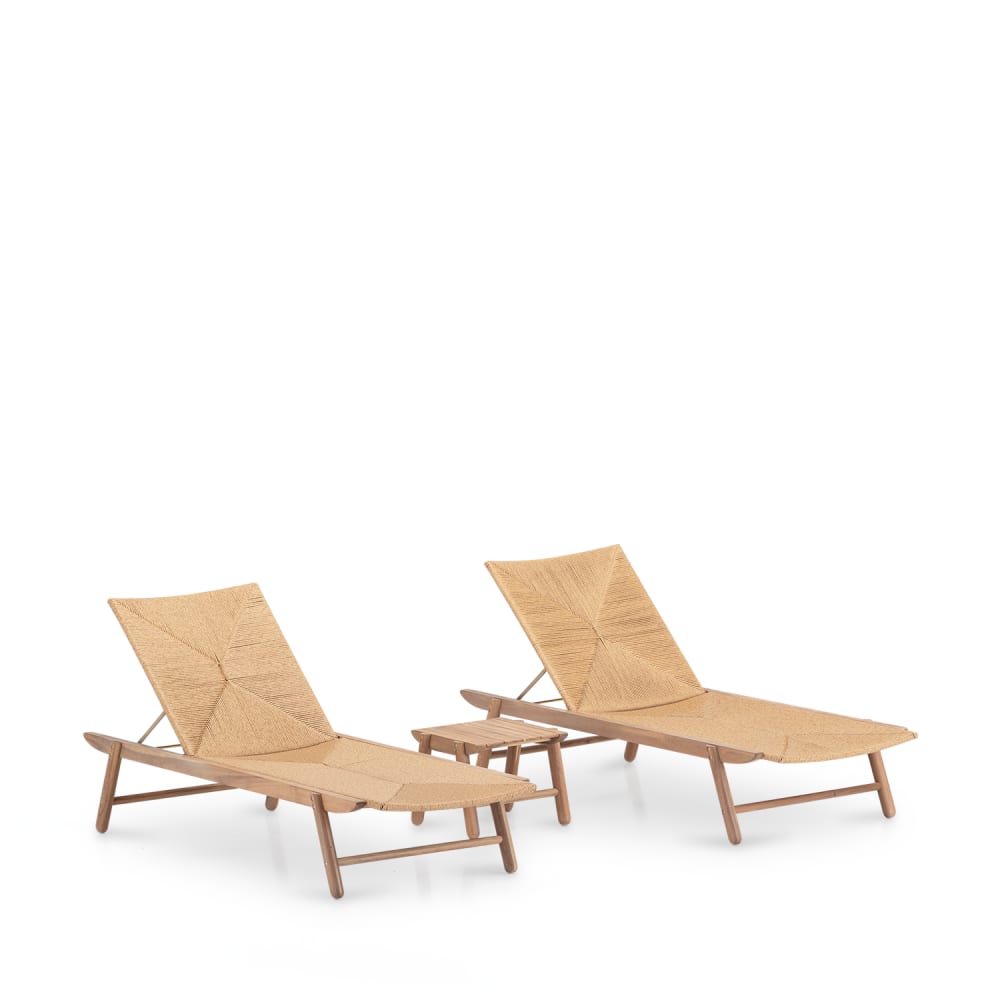 Set de 2 chaises longues et table d'appoint bois et rotin