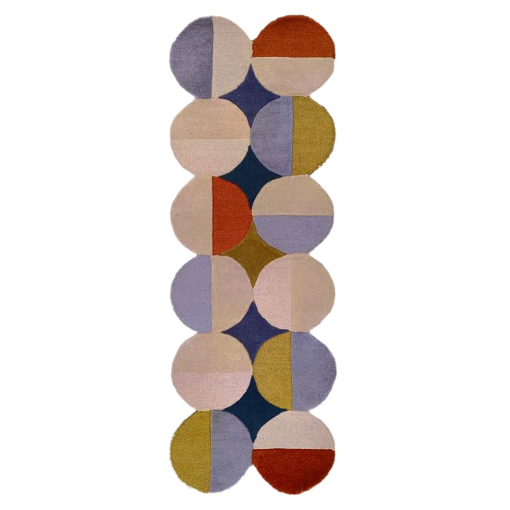 Tapis en laine de couloir bleue, jaune, terracotta et beige 80x230cm
