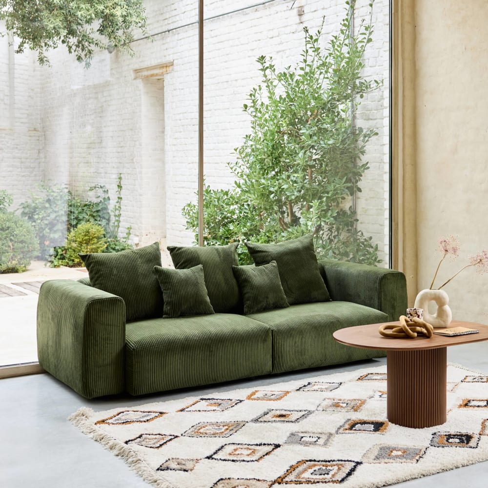 Canapé déhoussable 3 places velours côtelé grosse côte kaki