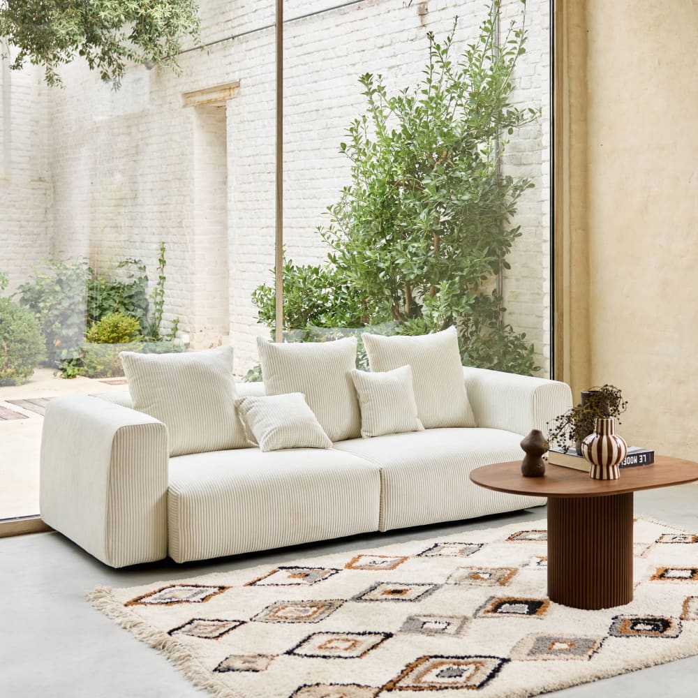 Canapé déhoussable 3 places velours côtelé grosse côte crème