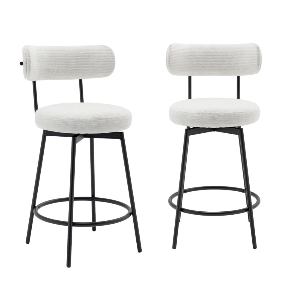 Tabouret de bar assise rotative métal noir et tissu blanc (lot de 2)