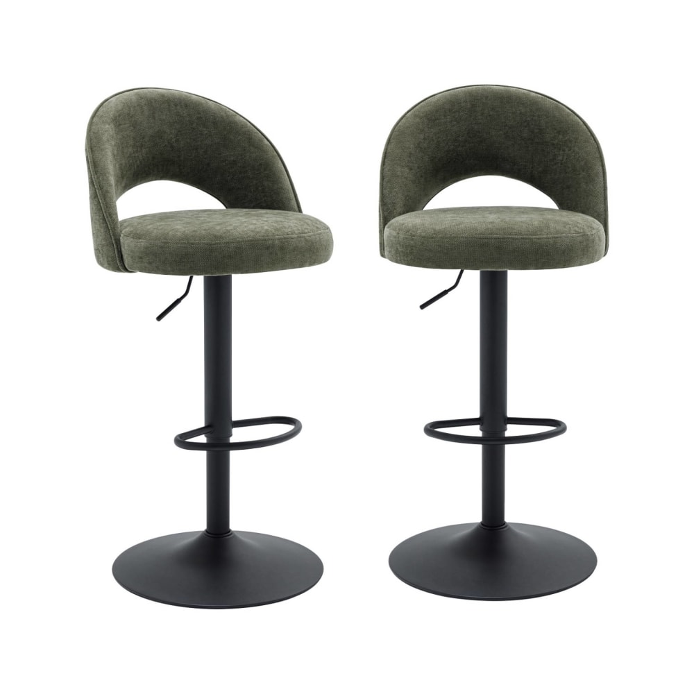 Tabouret de bar ajustable métal et tissu kaki, pied noir (lot de 2)