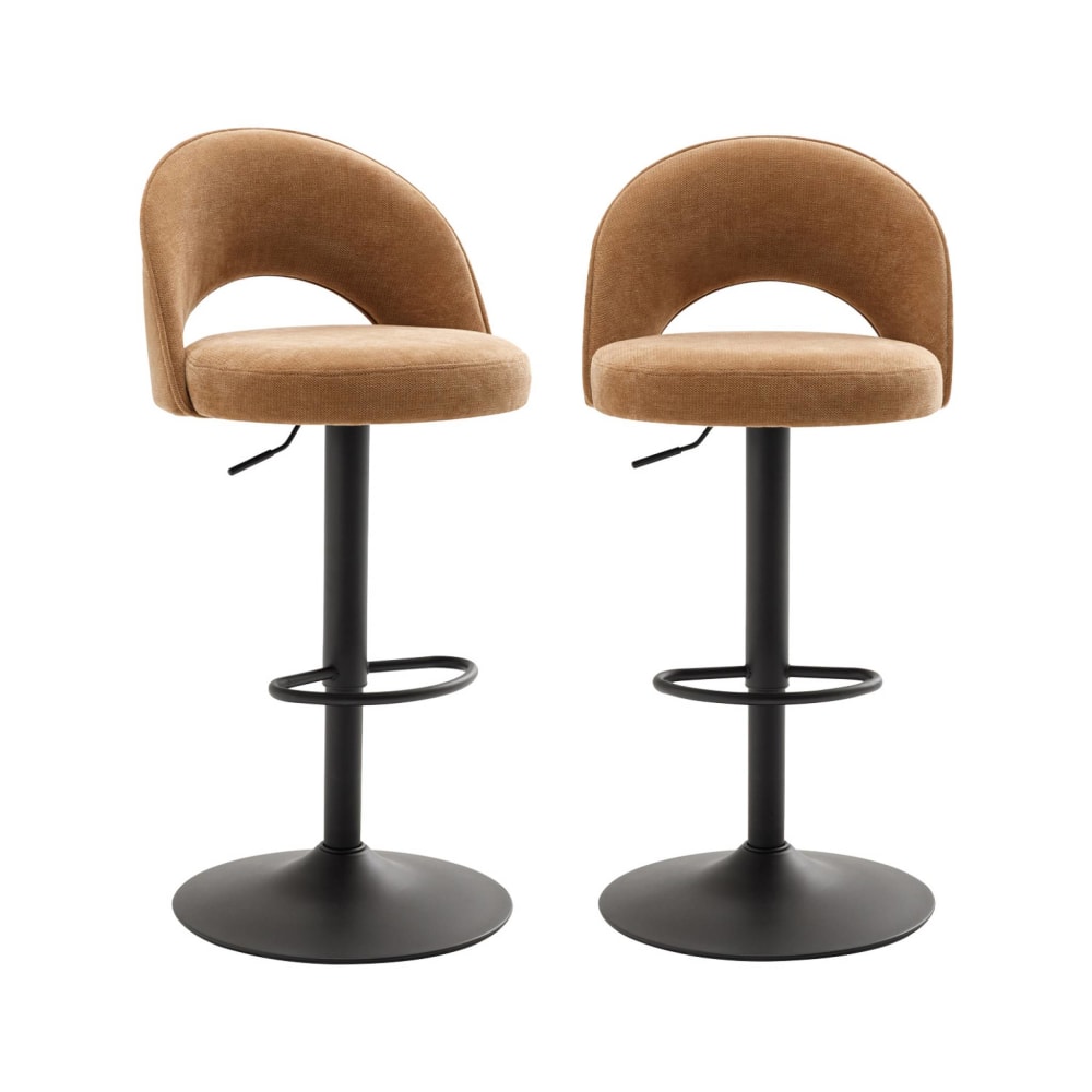 Tabouret de bar ajustable métal et tissu camel, pied noir (lot de 2)
