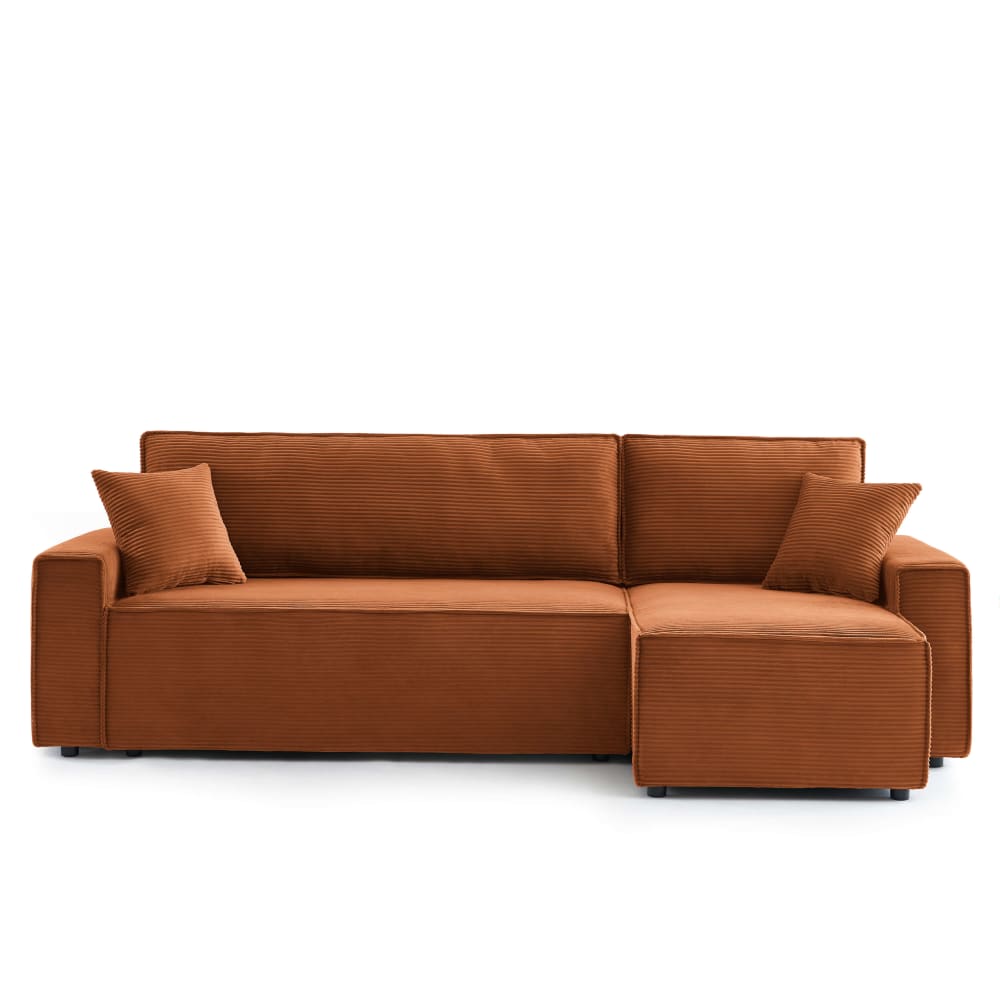 Canapé d'angle convertible en velours côtelé 4 places terracotta
