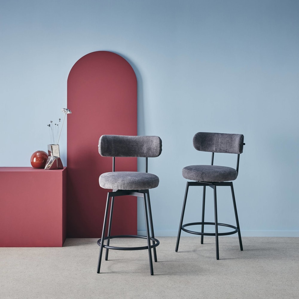 Tabouret de bar assise rotative métal noir et tissu gris (lot de 2)