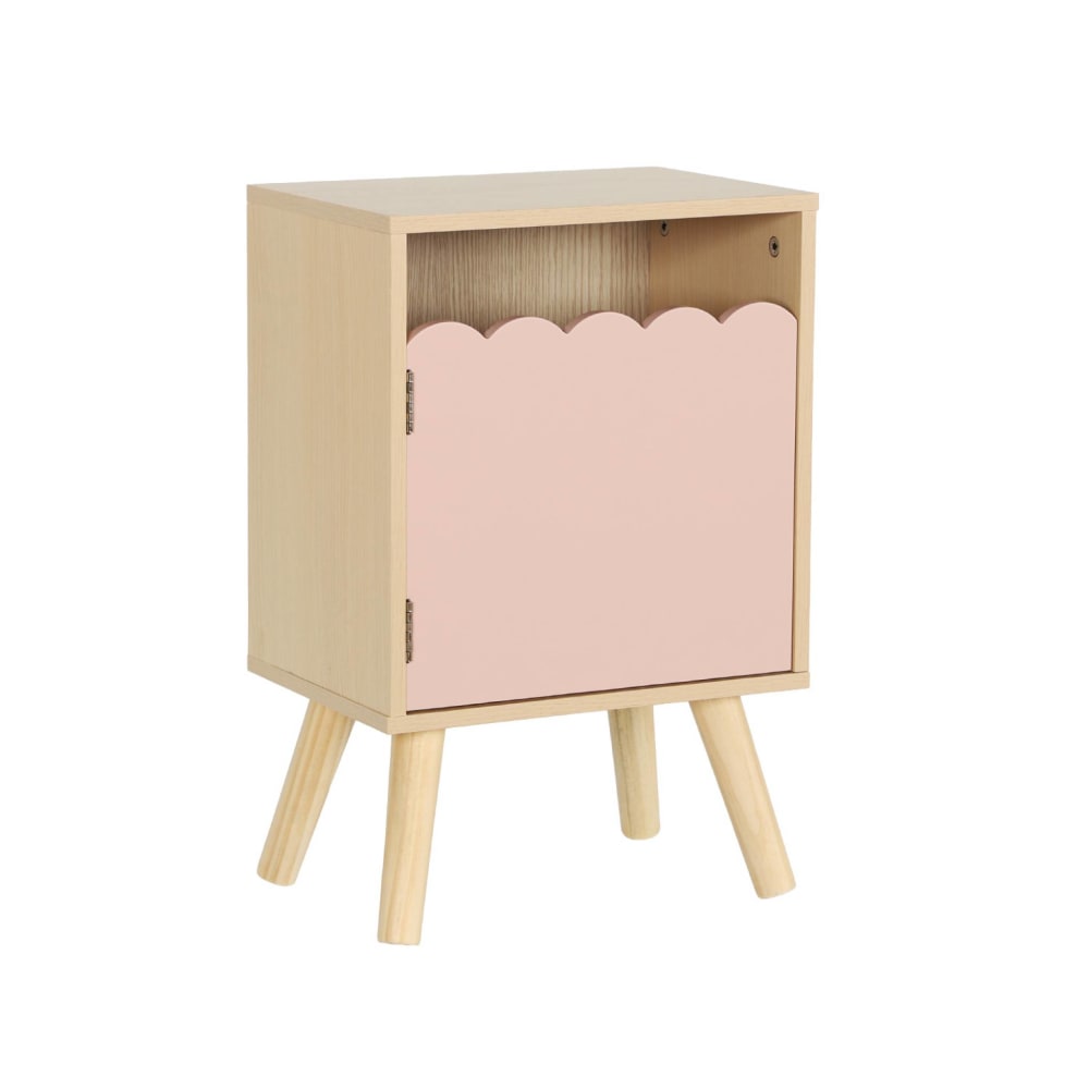 Table de chevet enfant décor bois rose 1 porte, pieds bois de pin